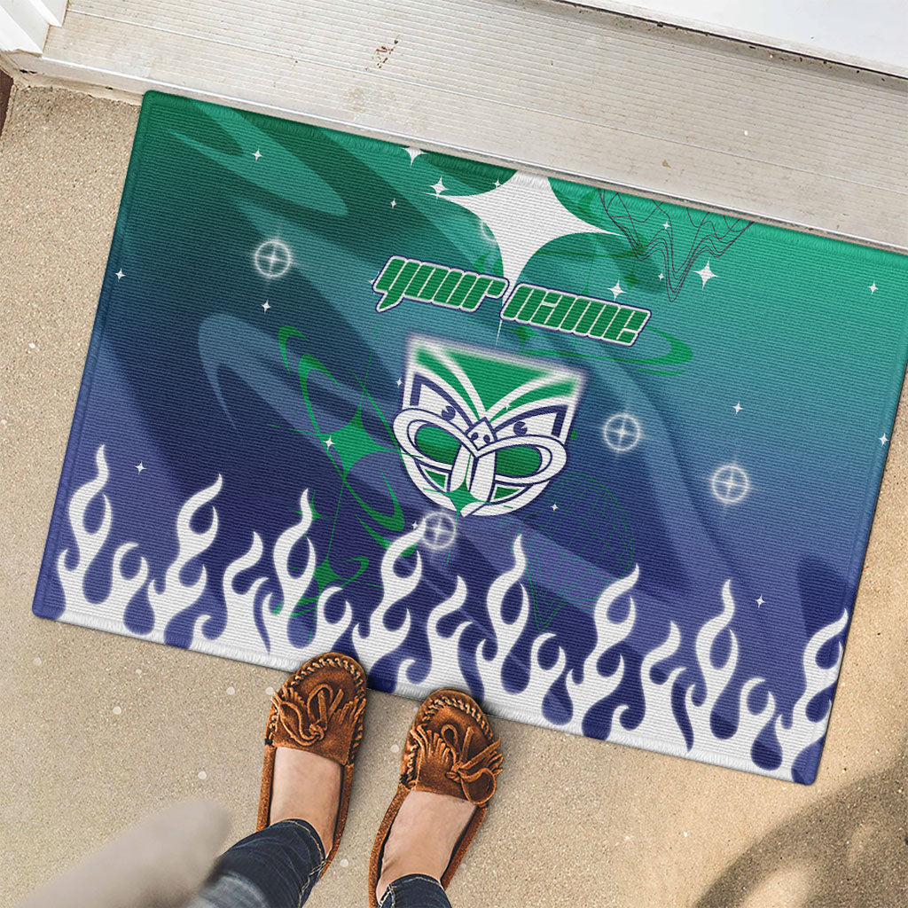 Personalized New Zealand Warriors Rubber Doormat Y2K Grunge Aesthetic With Cyber Flames and Starburst Graphics