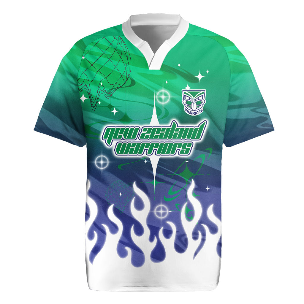 Personalized New Zealand Warriors Rugby Jersey Y2K Grunge Aesthetic With Cyber Flames and Starburst Graphics