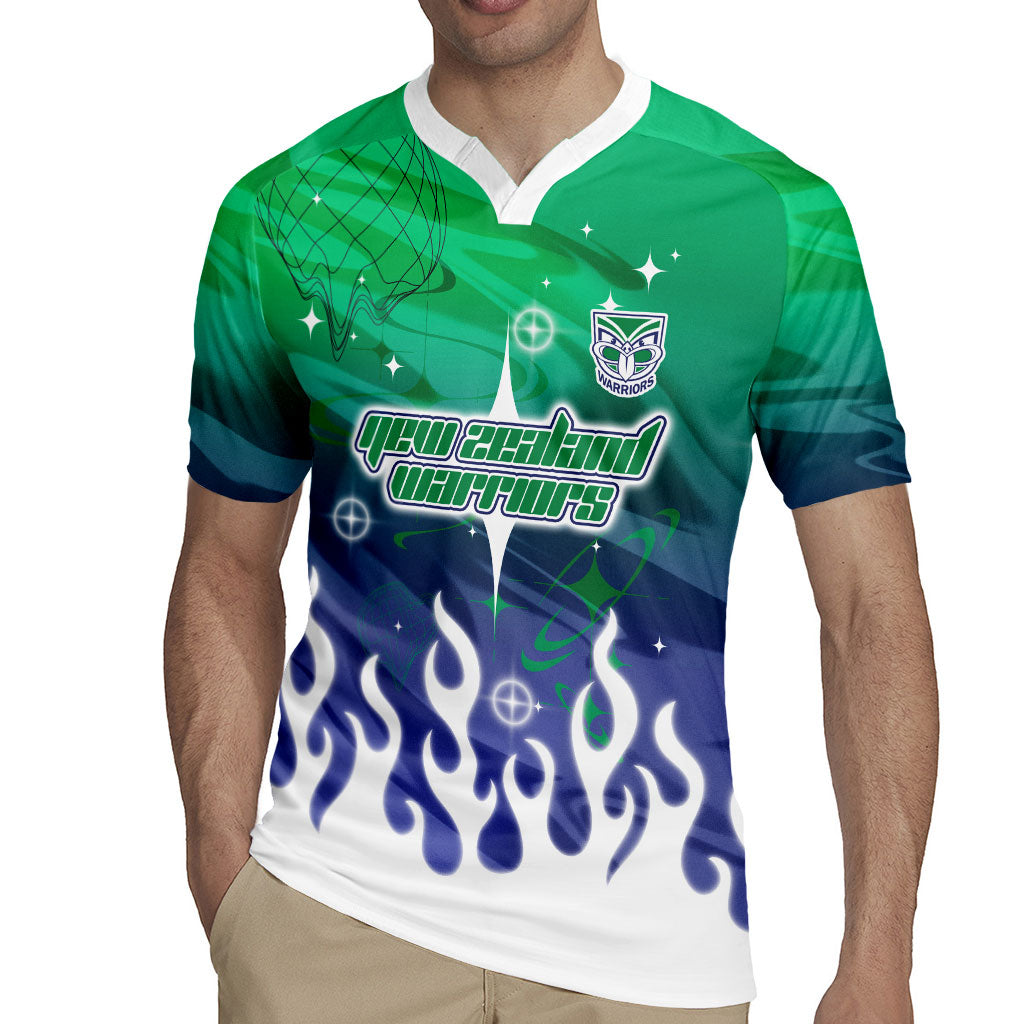 Personalized New Zealand Warriors Rugby Jersey Y2K Grunge Aesthetic With Cyber Flames and Starburst Graphics