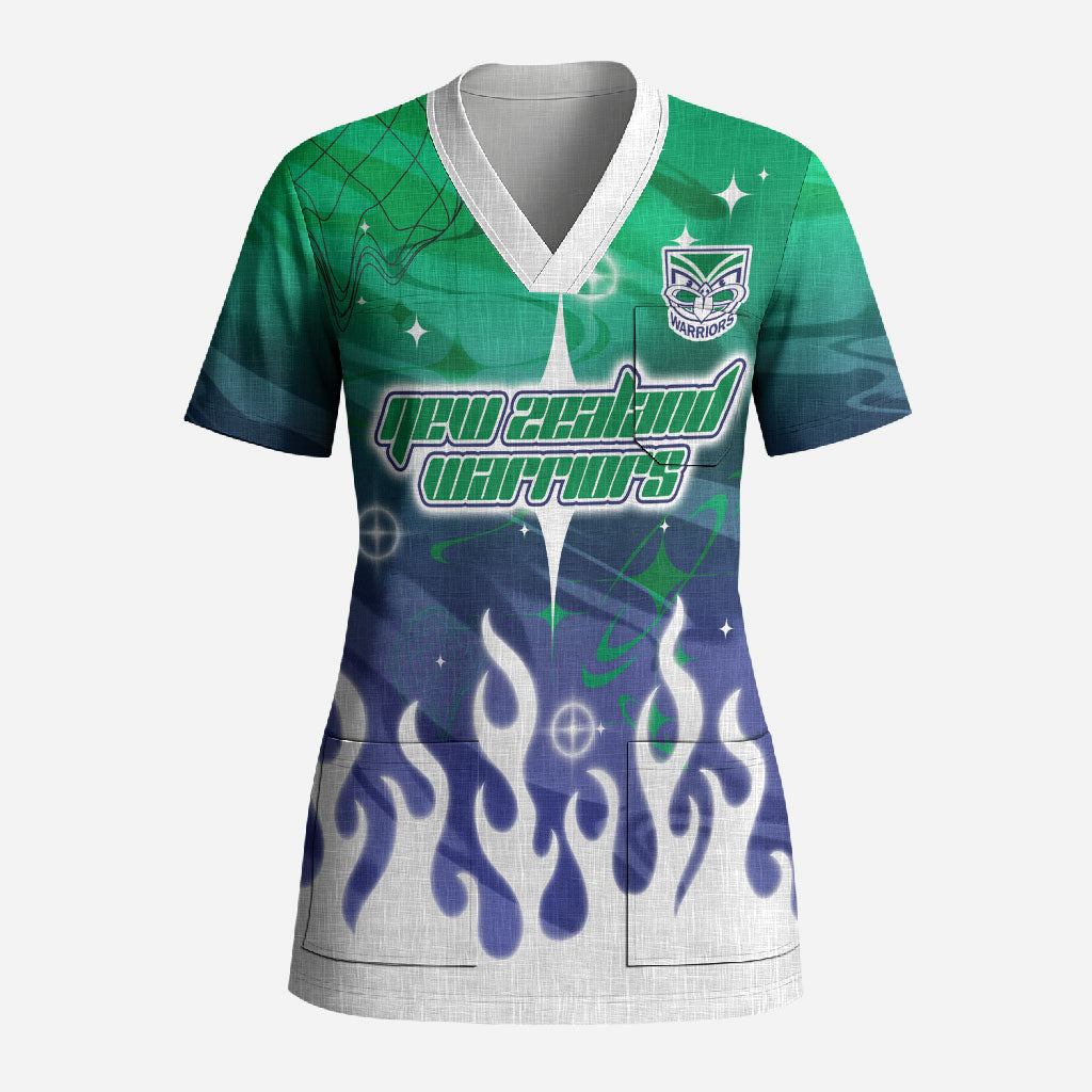 Personalized New Zealand Warriors Scrub Top Y2K Grunge Aesthetic With Cyber Flames and Starburst Graphics