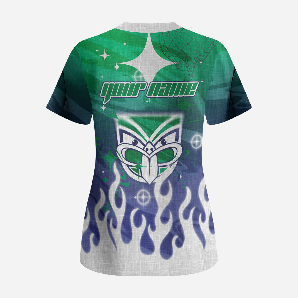 Personalized New Zealand Warriors Scrub Top Y2K Grunge Aesthetic With Cyber Flames and Starburst Graphics