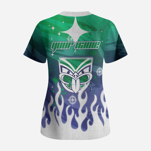 Personalized New Zealand Warriors Scrub Top Y2K Grunge Aesthetic With Cyber Flames and Starburst Graphics