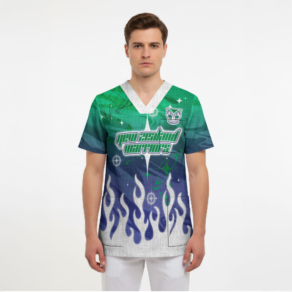 Personalized New Zealand Warriors Scrub Top Y2K Grunge Aesthetic With Cyber Flames and Starburst Graphics