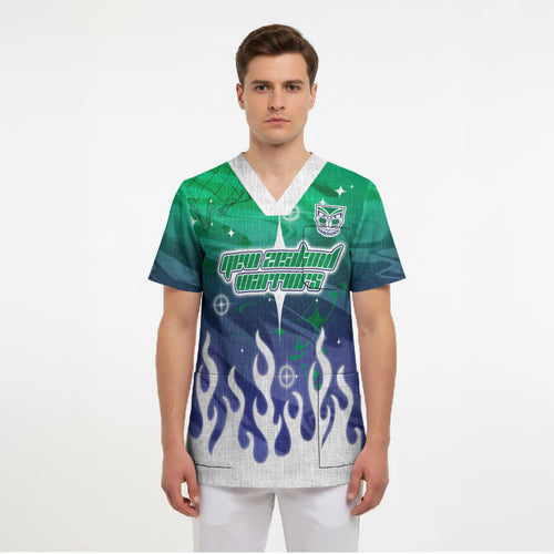 Personalized New Zealand Warriors Scrub Top Y2K Grunge Aesthetic With Cyber Flames and Starburst Graphics