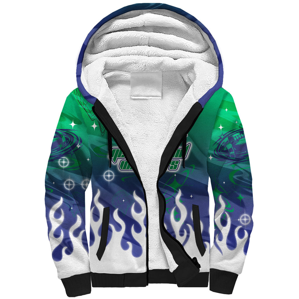 Personalized New Zealand Warriors Sherpa Hoodie Y2K Grunge Aesthetic With Cyber Flames and Starburst Graphics