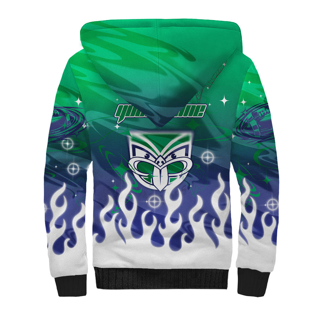 Personalized New Zealand Warriors Sherpa Hoodie Y2K Grunge Aesthetic With Cyber Flames and Starburst Graphics
