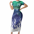 Personalized New Zealand Warriors Short Sleeve Bodycon Dress Y2K Grunge Aesthetic With Cyber Flames and Starburst Graphics