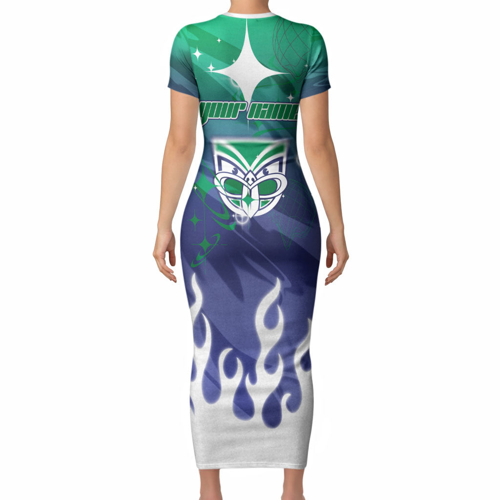 Personalized New Zealand Warriors Short Sleeve Bodycon Dress Y2K Grunge Aesthetic With Cyber Flames and Starburst Graphics
