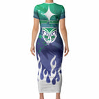 Personalized New Zealand Warriors Short Sleeve Bodycon Dress Y2K Grunge Aesthetic With Cyber Flames and Starburst Graphics