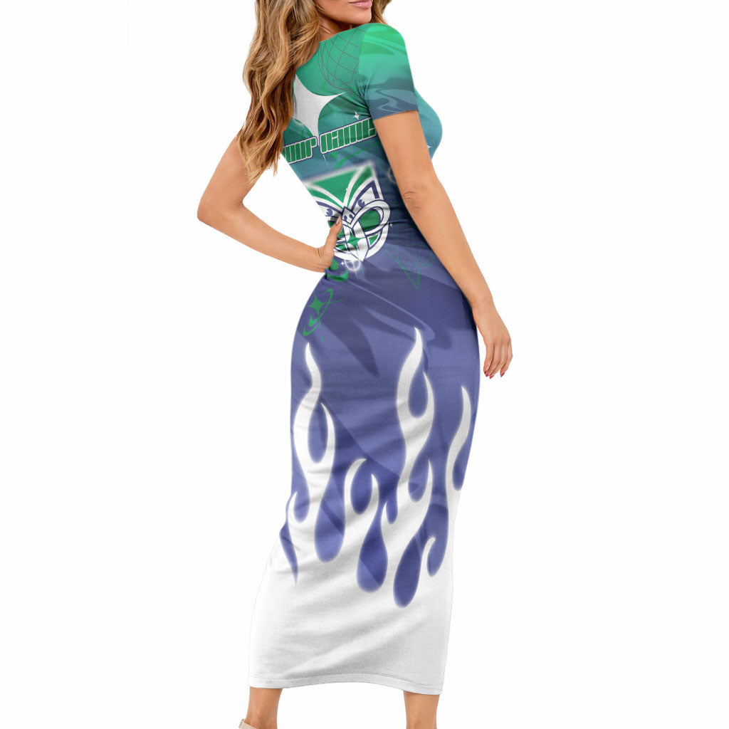 Personalized New Zealand Warriors Short Sleeve Bodycon Dress Y2K Grunge Aesthetic With Cyber Flames and Starburst Graphics