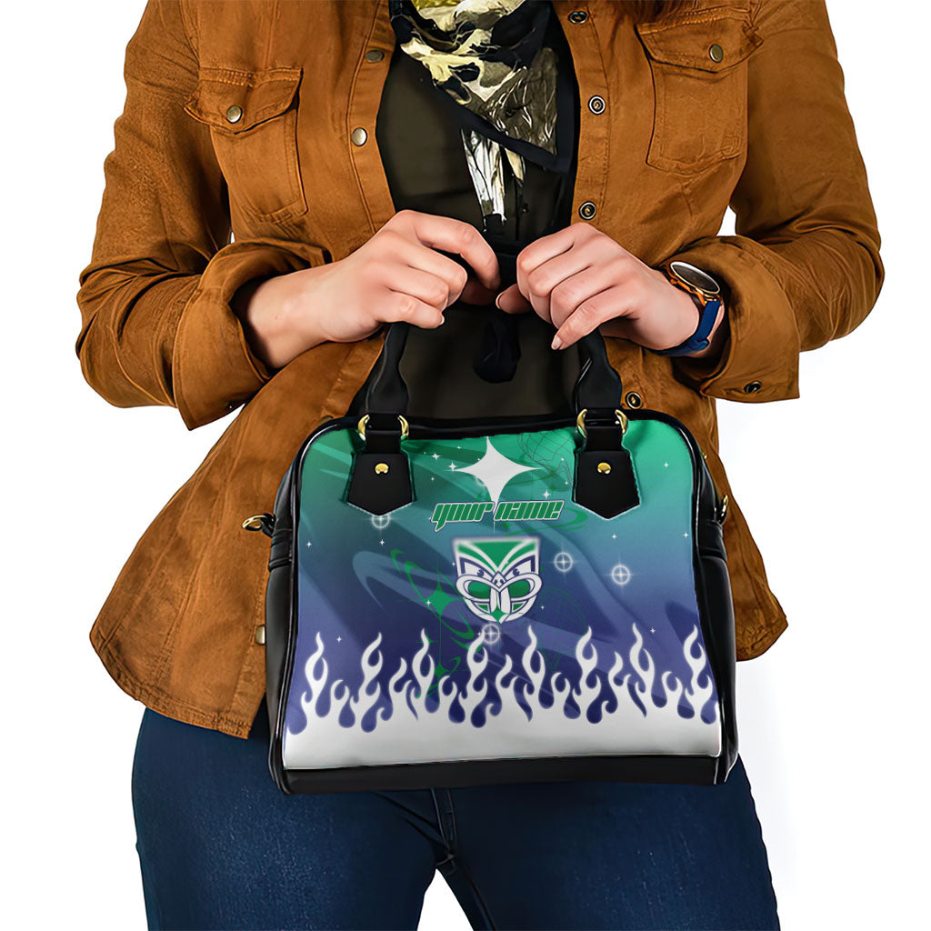 Personalized New Zealand Warriors Shoulder Handbag Y2K Grunge Aesthetic With Cyber Flames and Starburst Graphics