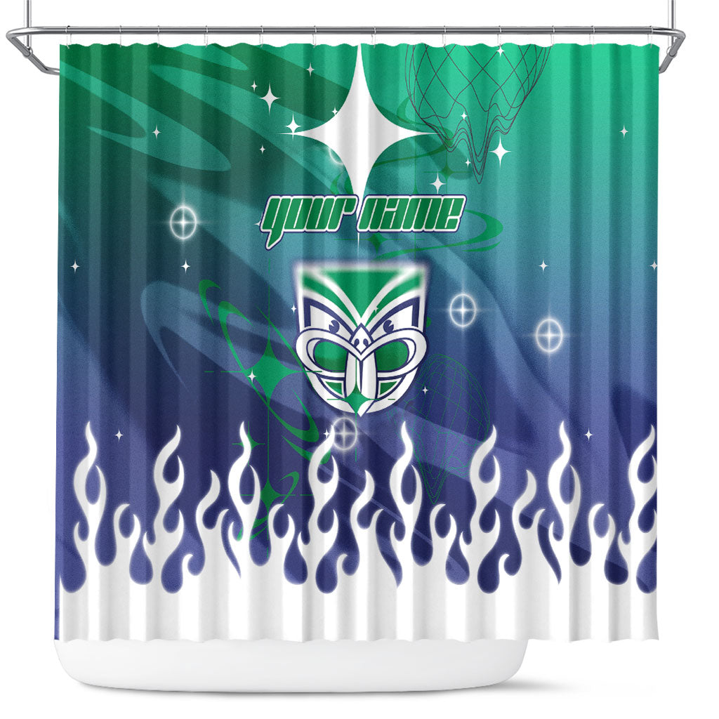 Personalized New Zealand Warriors Shower Curtain Y2K Grunge Aesthetic With Cyber Flames and Starburst Graphics