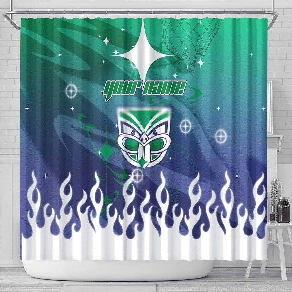 Personalized New Zealand Warriors Shower Curtain Y2K Grunge Aesthetic With Cyber Flames and Starburst Graphics