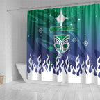 Personalized New Zealand Warriors Shower Curtain Y2K Grunge Aesthetic With Cyber Flames and Starburst Graphics