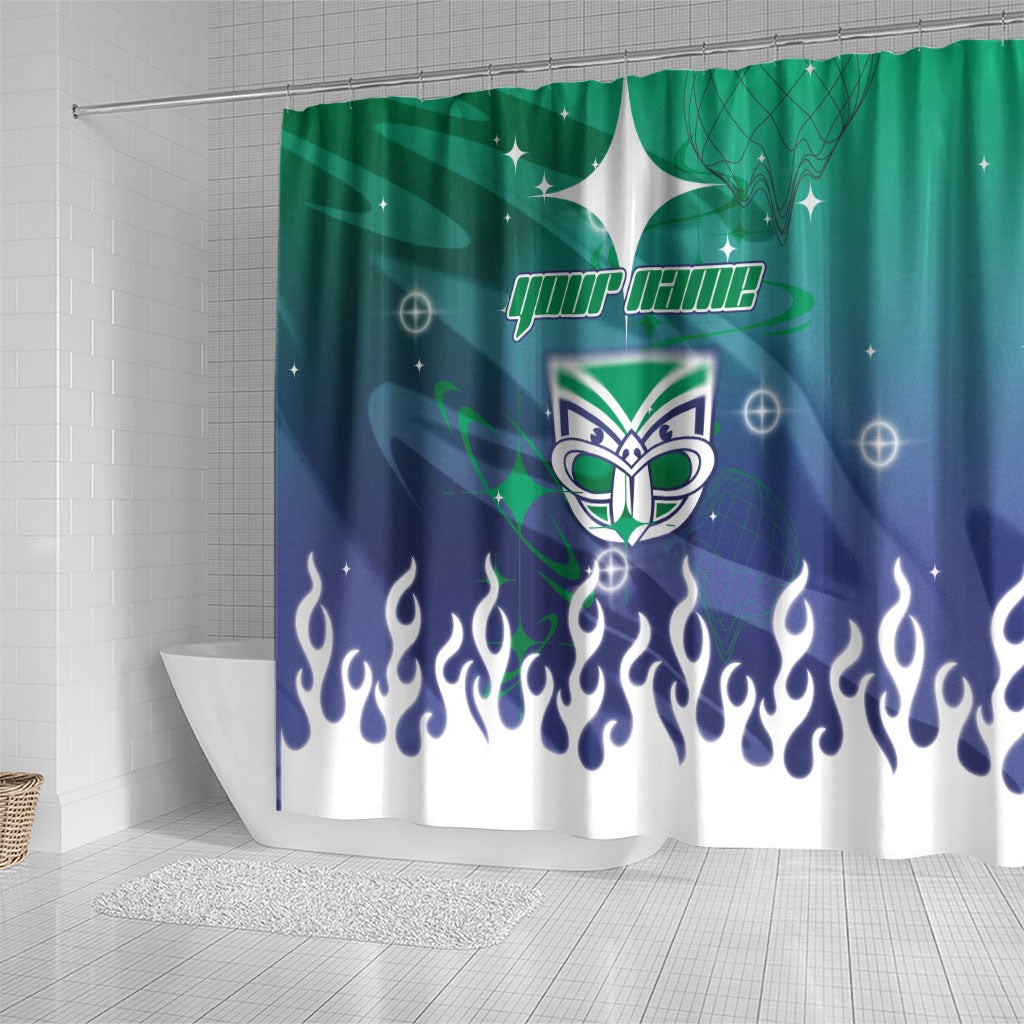 Personalized New Zealand Warriors Shower Curtain Y2K Grunge Aesthetic With Cyber Flames and Starburst Graphics