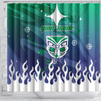 Personalized New Zealand Warriors Shower Curtain Y2K Grunge Aesthetic With Cyber Flames and Starburst Graphics