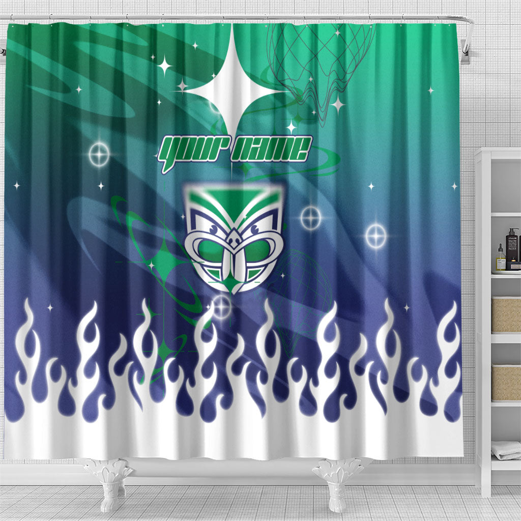 Personalized New Zealand Warriors Shower Curtain Y2K Grunge Aesthetic With Cyber Flames and Starburst Graphics