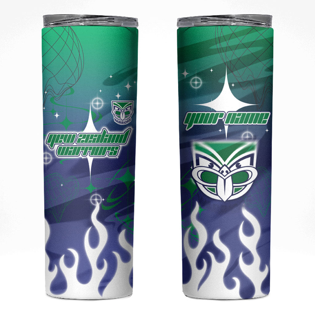 Personalized New Zealand Warriors Skinny Tumbler Y2K Grunge Aesthetic With Cyber Flames and Starburst Graphics