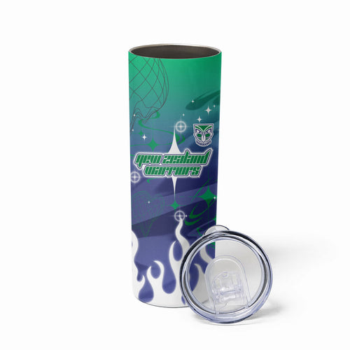 Personalized New Zealand Warriors Skinny Tumbler Y2K Grunge Aesthetic With Cyber Flames and Starburst Graphics