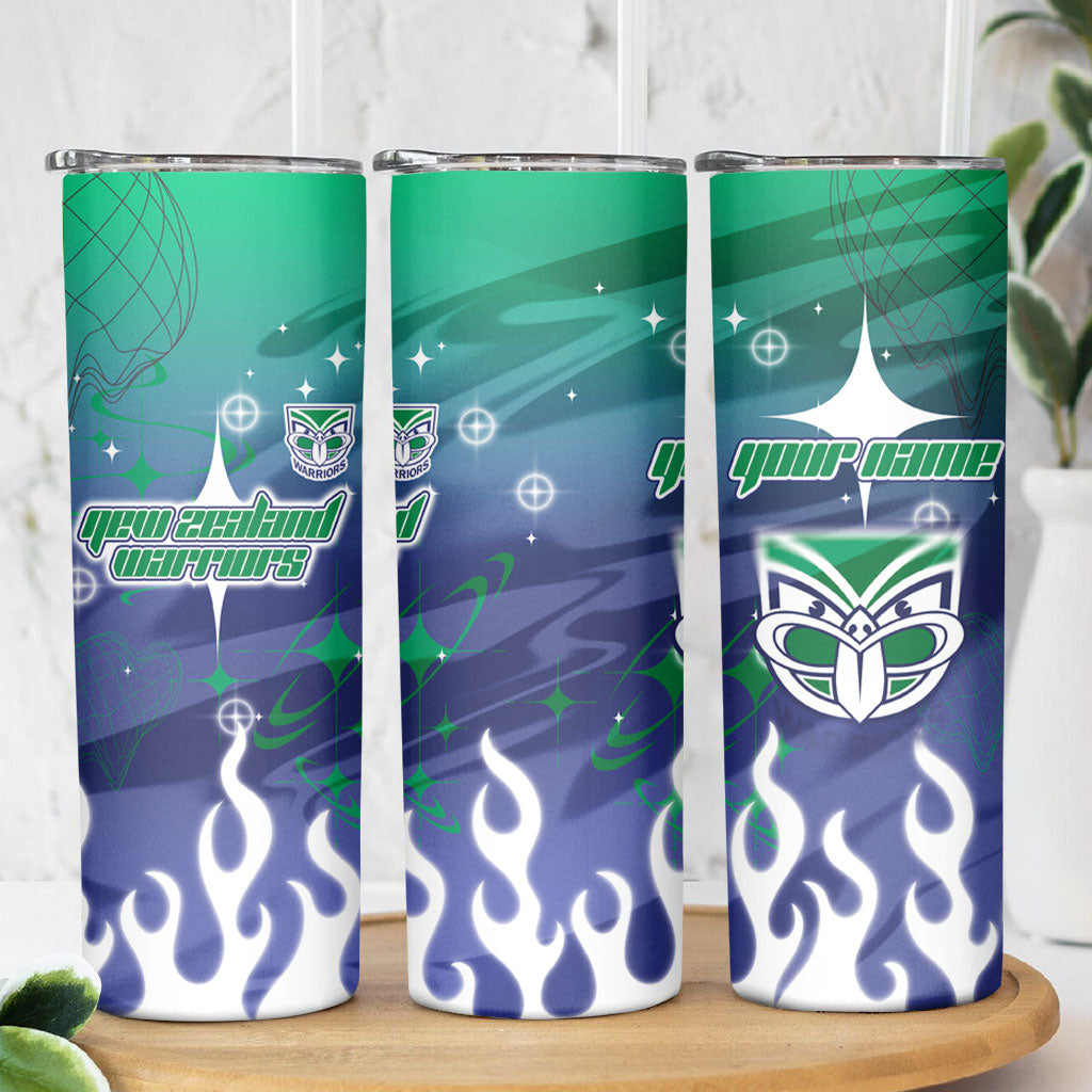 Personalized New Zealand Warriors Skinny Tumbler Y2K Grunge Aesthetic With Cyber Flames and Starburst Graphics