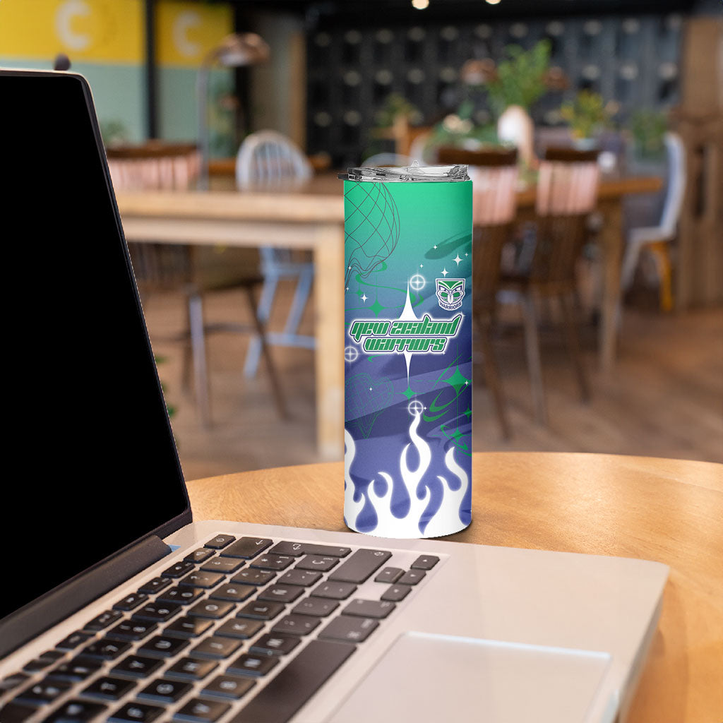 Personalized New Zealand Warriors Skinny Tumbler Y2K Grunge Aesthetic With Cyber Flames and Starburst Graphics