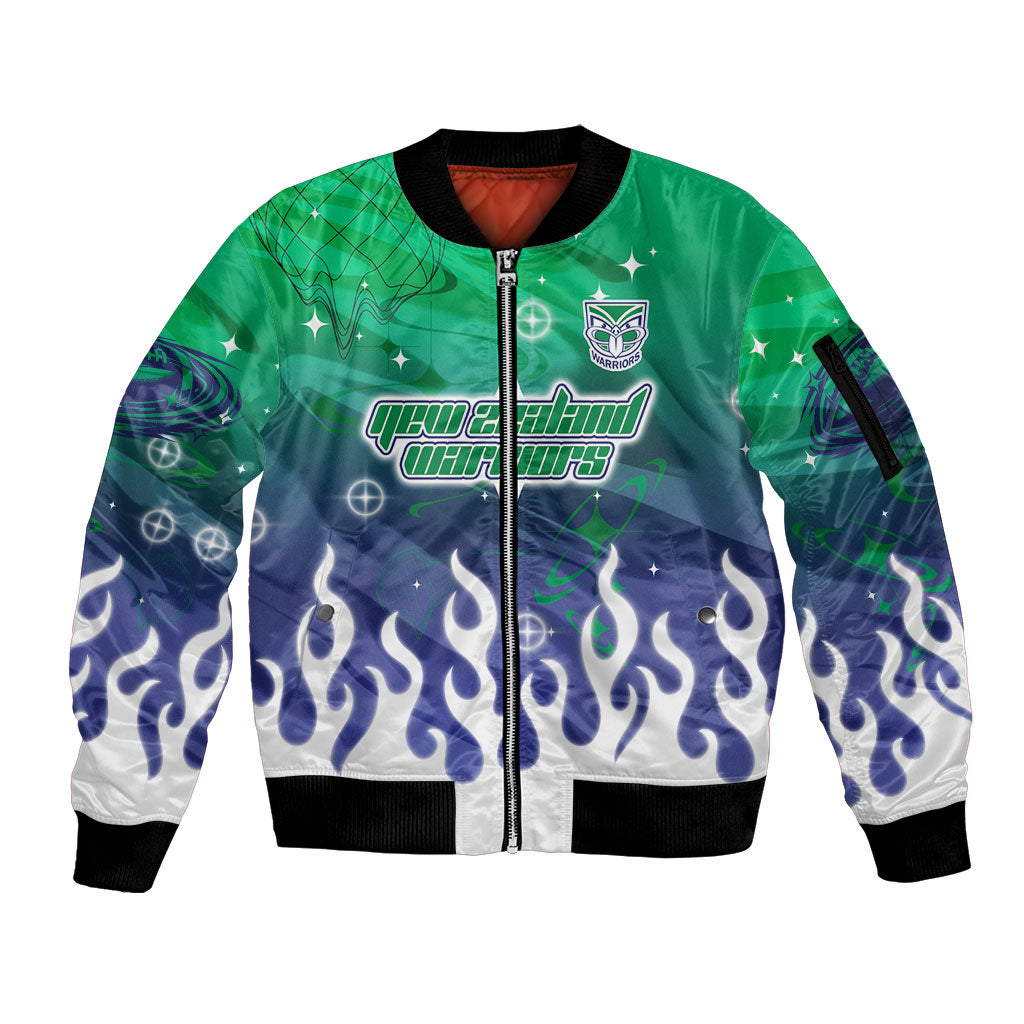Personalized New Zealand Warriors Sleeve Zip Bomber Jacket Y2K Grunge Aesthetic With Cyber Flames and Starburst Graphics
