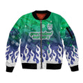 Personalized New Zealand Warriors Sleeve Zip Bomber Jacket Y2K Grunge Aesthetic With Cyber Flames and Starburst Graphics