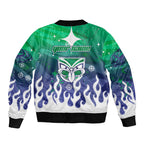 Personalized New Zealand Warriors Sleeve Zip Bomber Jacket Y2K Grunge Aesthetic With Cyber Flames and Starburst Graphics