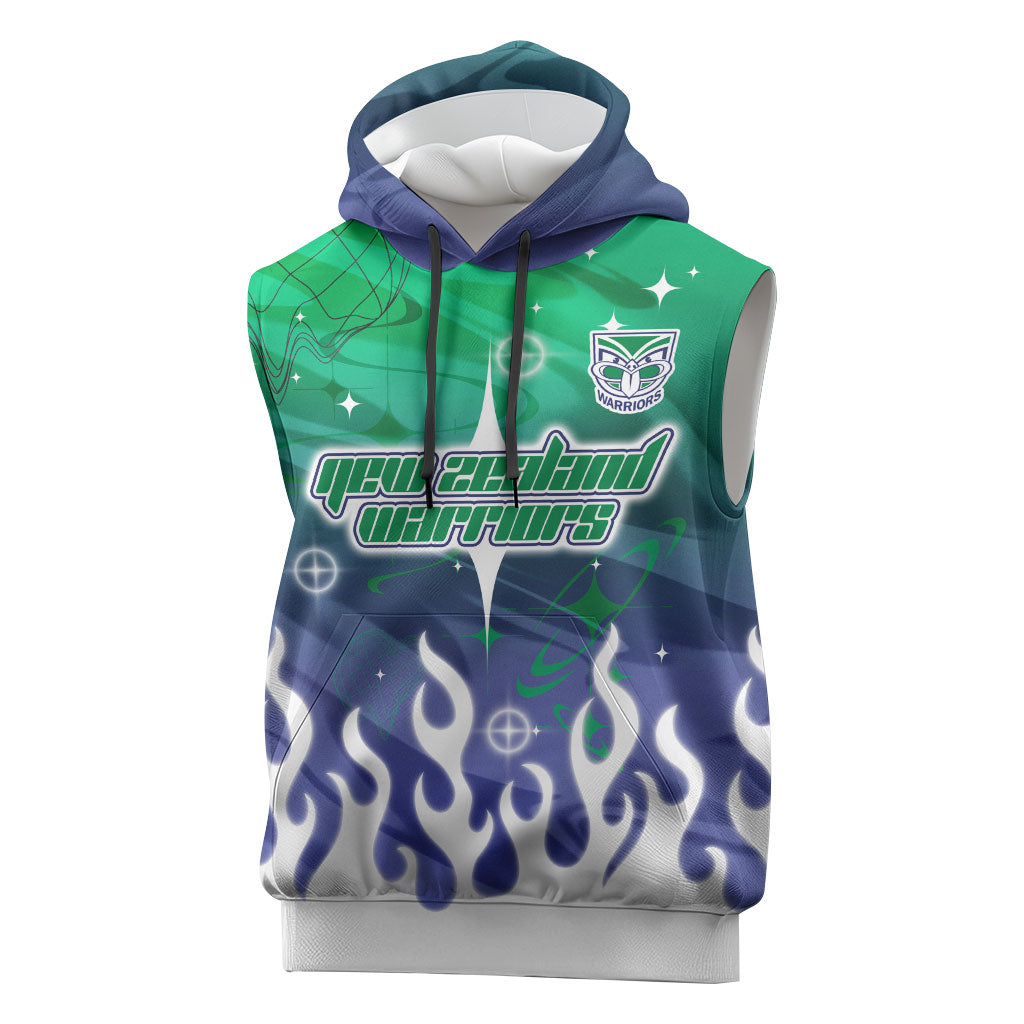 Personalized New Zealand Warriors Sleeveless Hoodie Y2K Grunge Aesthetic With Cyber Flames and Starburst Graphics