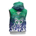 Personalized New Zealand Warriors Sleeveless Hoodie Y2K Grunge Aesthetic With Cyber Flames and Starburst Graphics