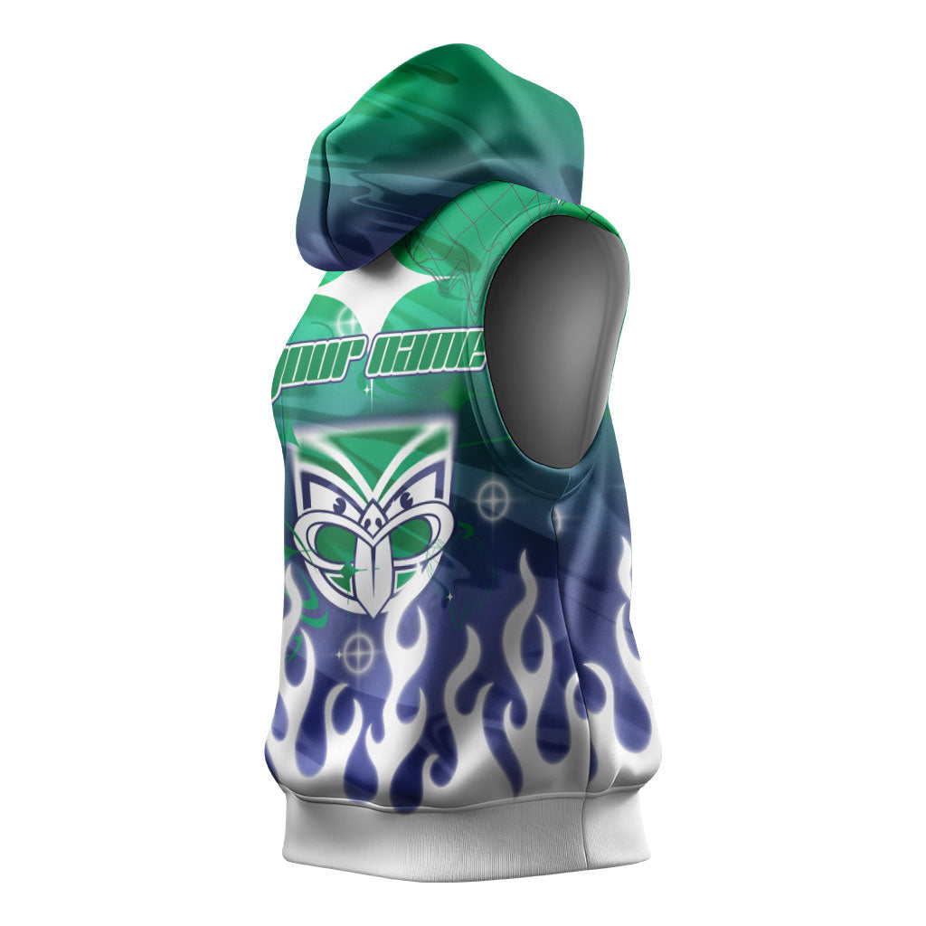 Personalized New Zealand Warriors Sleeveless Hoodie Y2K Grunge Aesthetic With Cyber Flames and Starburst Graphics