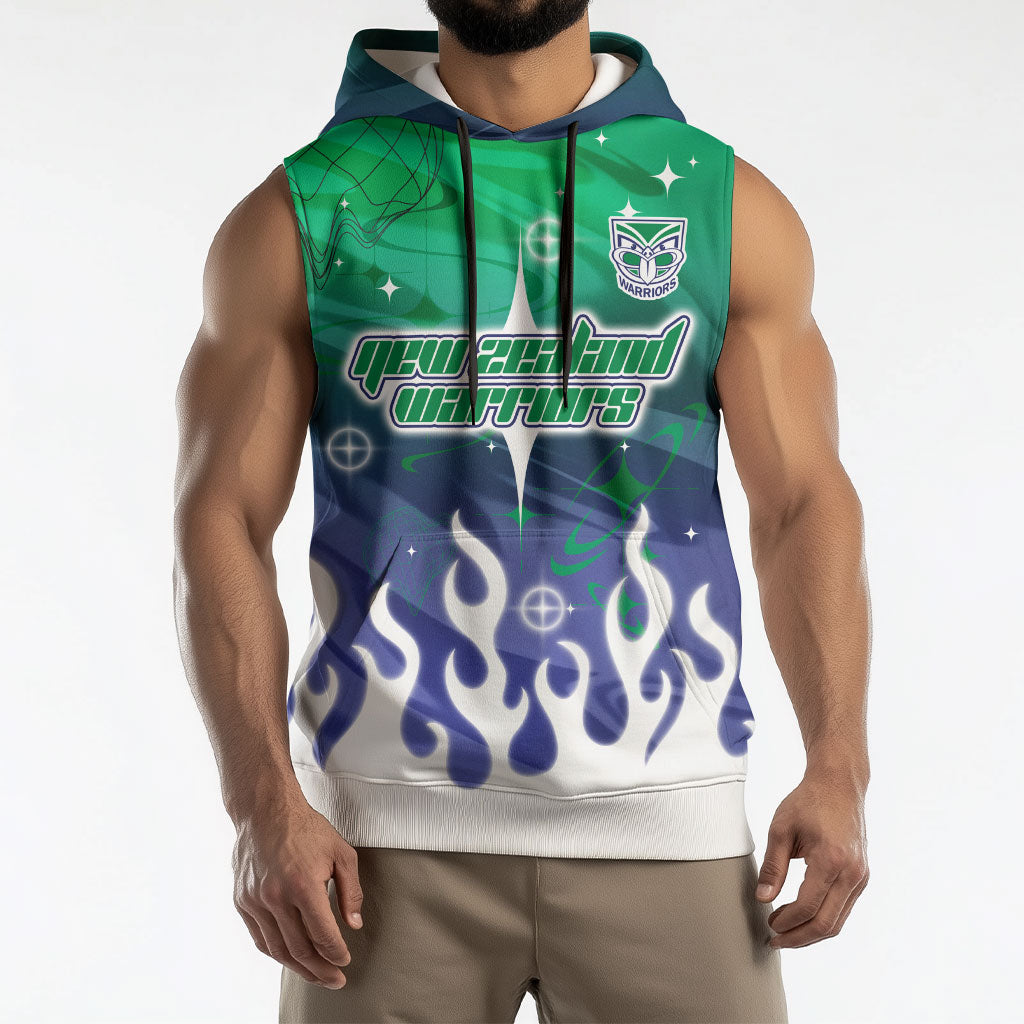 Personalized New Zealand Warriors Sleeveless Hoodie Y2K Grunge Aesthetic With Cyber Flames and Starburst Graphics