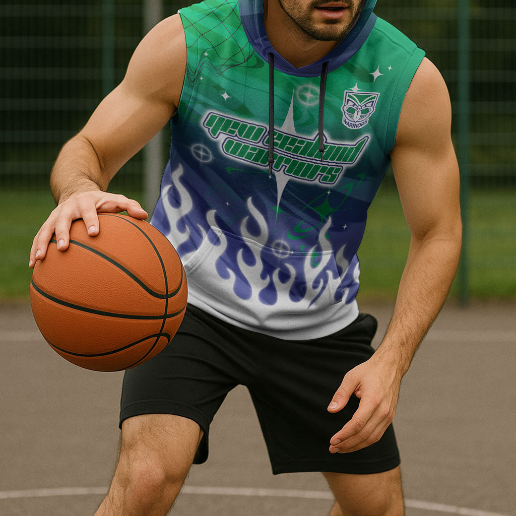 Personalized New Zealand Warriors Sleeveless Hoodie Y2K Grunge Aesthetic With Cyber Flames and Starburst Graphics