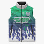 Personalized New Zealand Warriors Sleeveless Puffer Jacket Y2K Grunge Aesthetic With Cyber Flames and Starburst Graphics