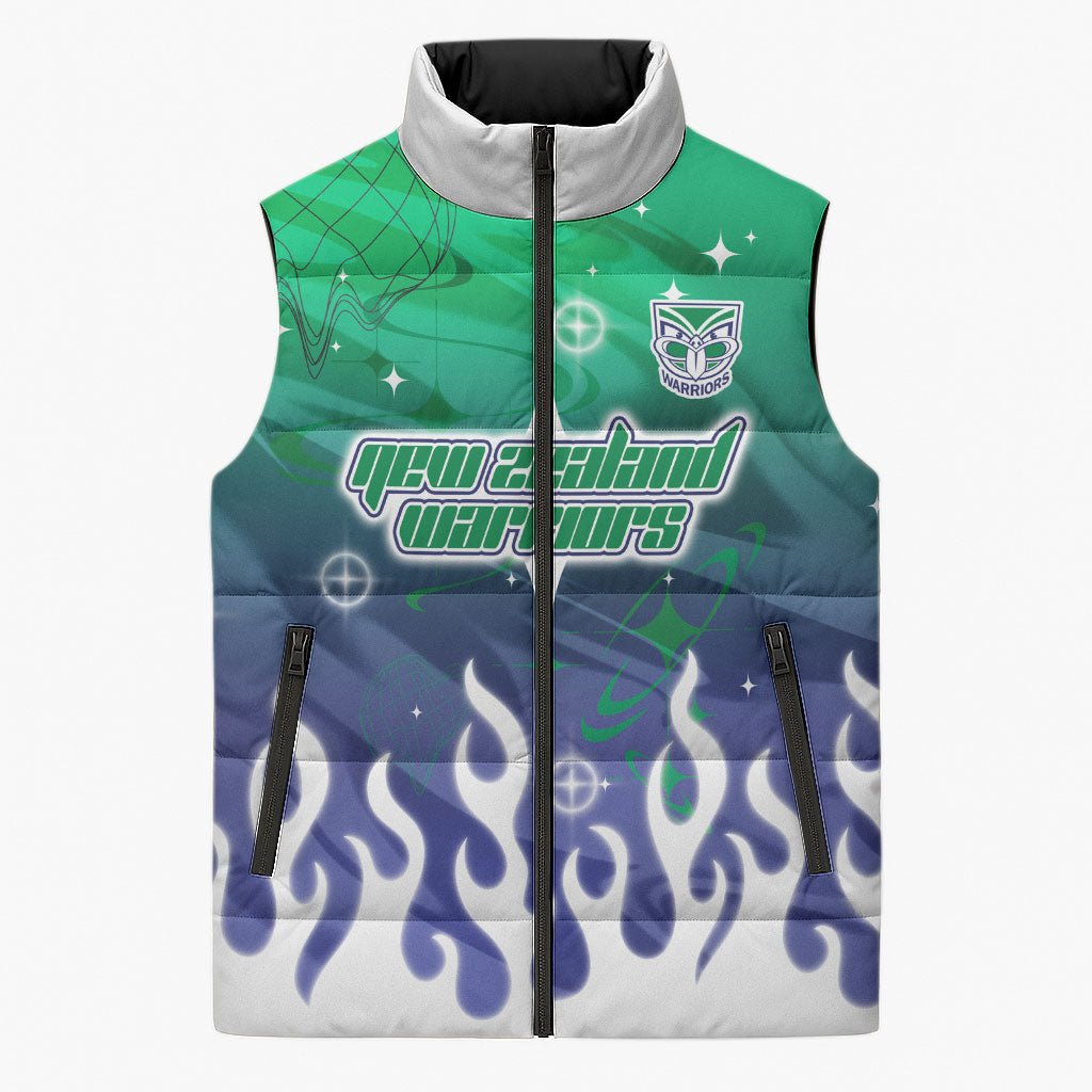 Personalized New Zealand Warriors Sleeveless Puffer Jacket Y2K Grunge Aesthetic With Cyber Flames and Starburst Graphics