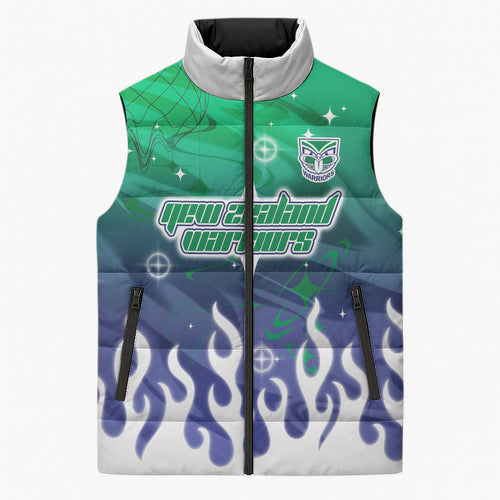 Personalized New Zealand Warriors Sleeveless Puffer Jacket Y2K Grunge Aesthetic With Cyber Flames and Starburst Graphics