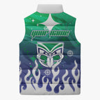 Personalized New Zealand Warriors Sleeveless Puffer Jacket Y2K Grunge Aesthetic With Cyber Flames and Starburst Graphics
