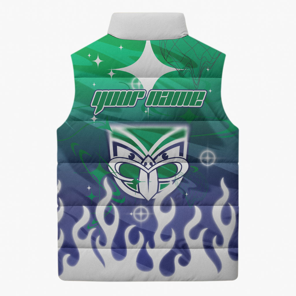 Personalized New Zealand Warriors Sleeveless Puffer Jacket Y2K Grunge Aesthetic With Cyber Flames and Starburst Graphics