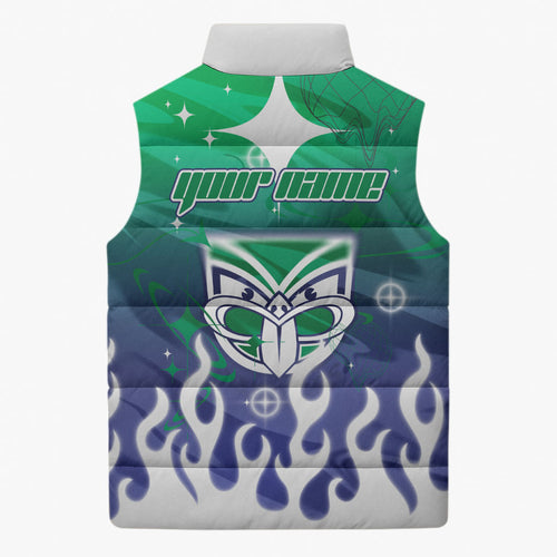 Personalized New Zealand Warriors Sleeveless Puffer Jacket Y2K Grunge Aesthetic With Cyber Flames and Starburst Graphics