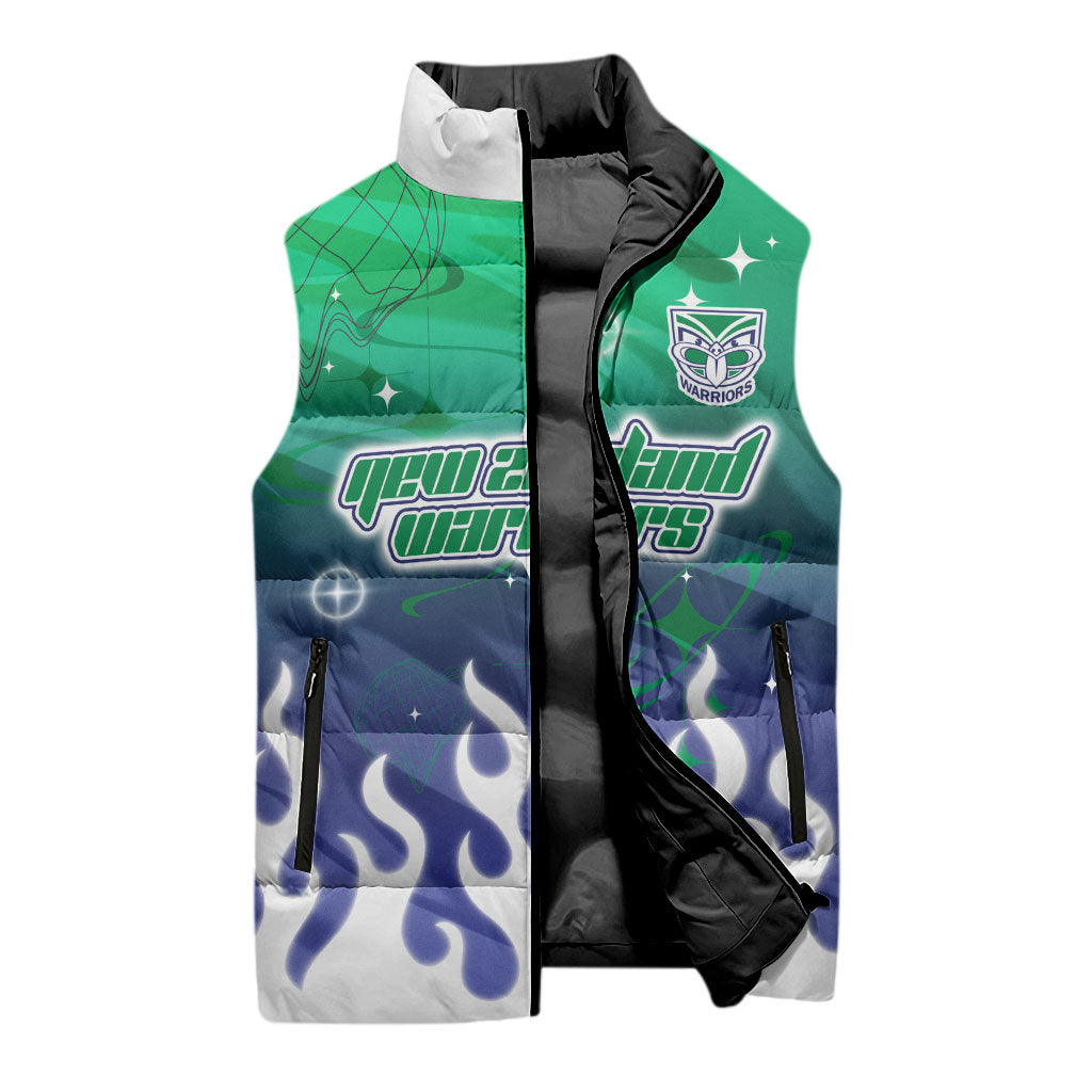 Personalized New Zealand Warriors Sleeveless Puffer Jacket Y2K Grunge Aesthetic With Cyber Flames and Starburst Graphics