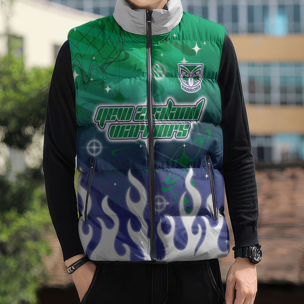 Personalized New Zealand Warriors Sleeveless Puffer Jacket Y2K Grunge Aesthetic With Cyber Flames and Starburst Graphics
