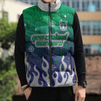 Personalized New Zealand Warriors Sleeveless Puffer Jacket Y2K Grunge Aesthetic With Cyber Flames and Starburst Graphics