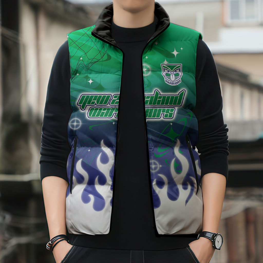 Personalized New Zealand Warriors Sleeveless Puffer Jacket Y2K Grunge Aesthetic With Cyber Flames and Starburst Graphics