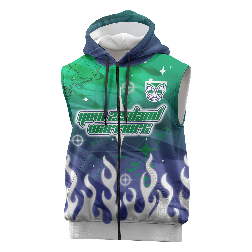 Personalized New Zealand Warriors Sleeveless Zip Hoodie Y2K Grunge Aesthetic With Cyber Flames and Starburst Graphics