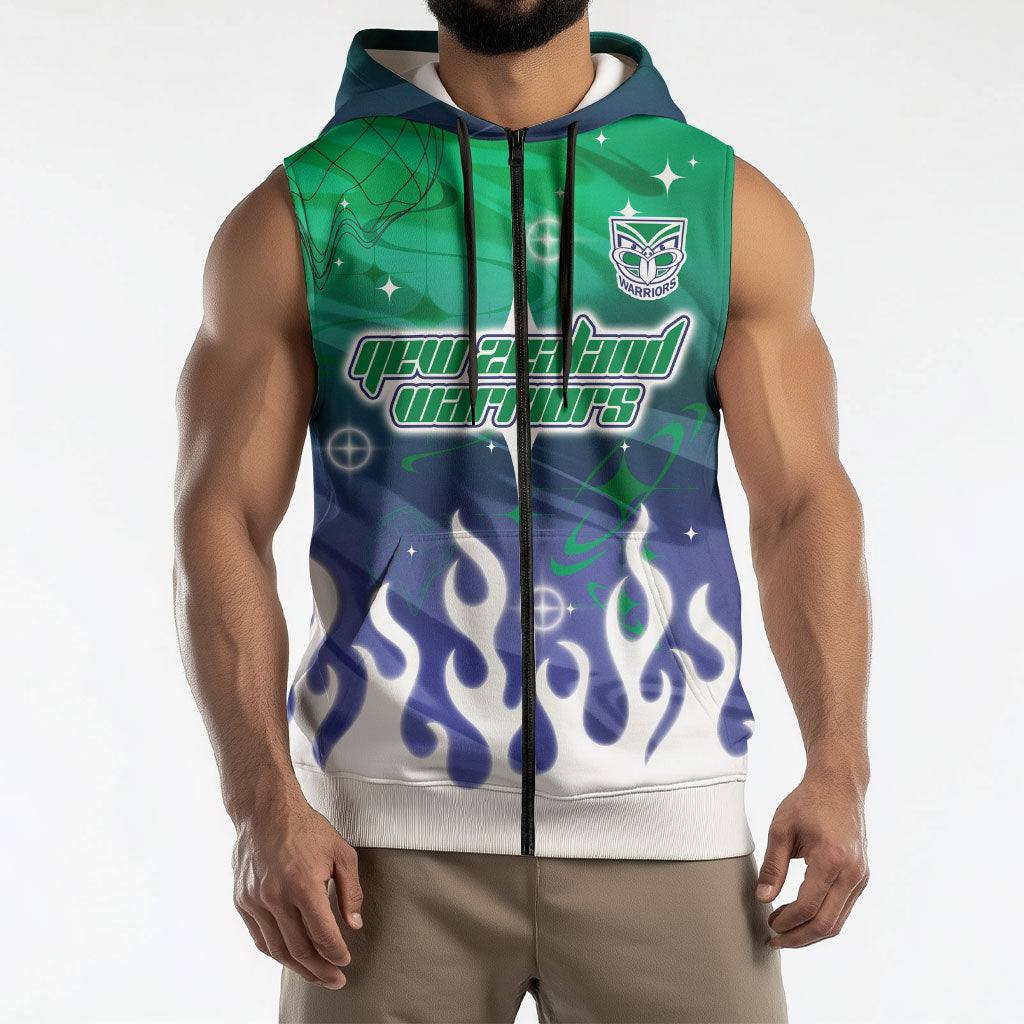 Personalized New Zealand Warriors Sleeveless Zip Hoodie Y2K Grunge Aesthetic With Cyber Flames and Starburst Graphics