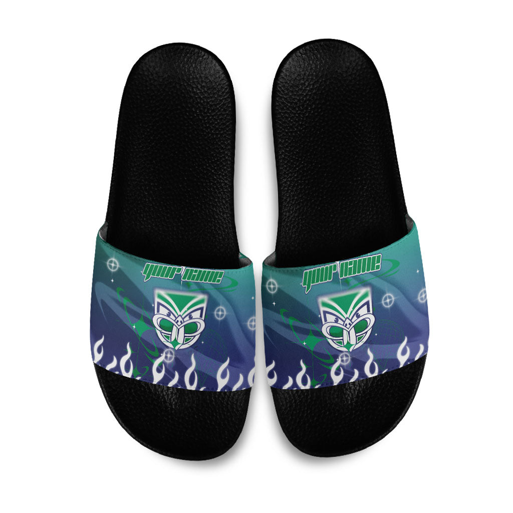 Personalized New Zealand Warriors Slide Sandals Y2K Grunge Aesthetic With Cyber Flames and Starburst Graphics