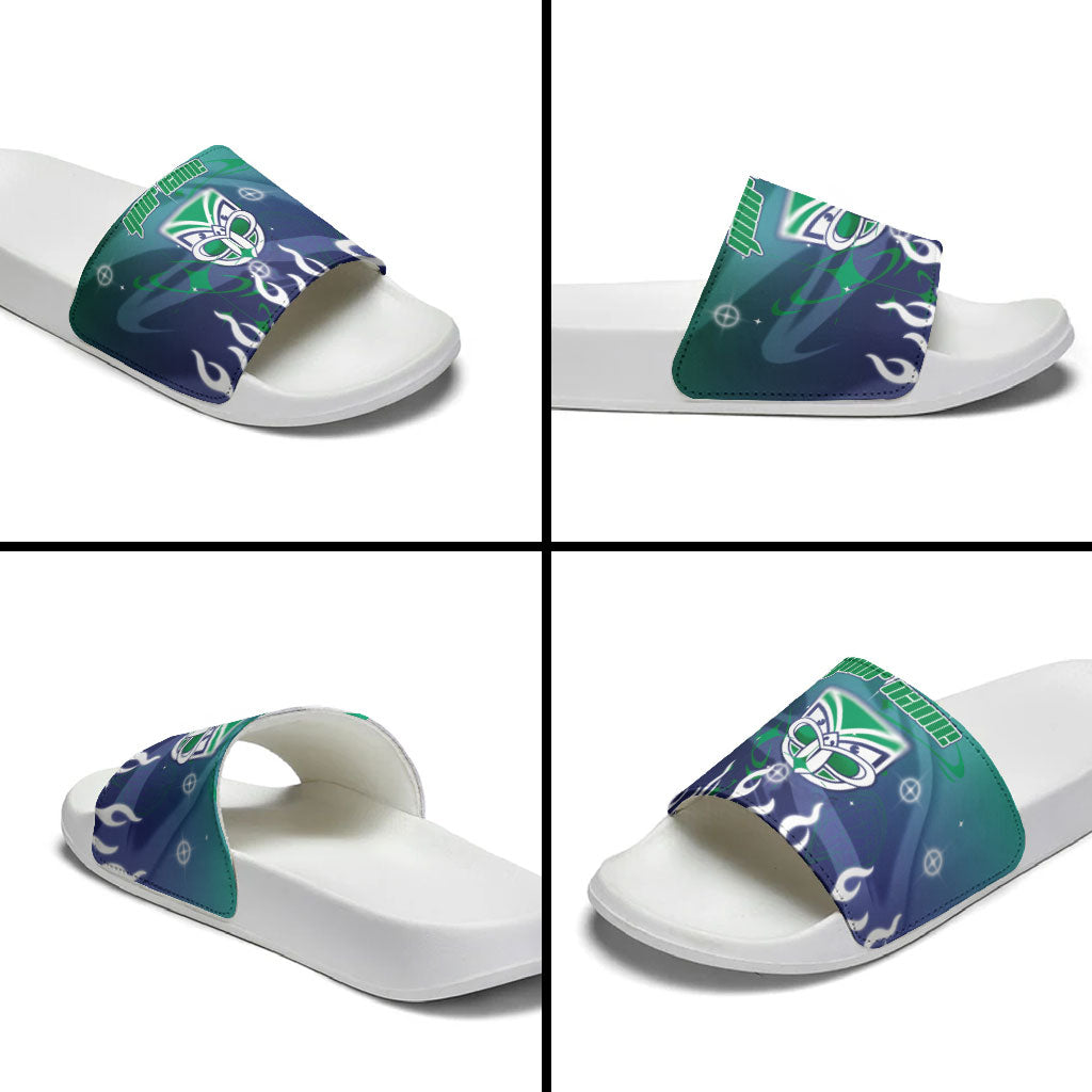 Personalized New Zealand Warriors Slide Sandals Y2K Grunge Aesthetic With Cyber Flames and Starburst Graphics