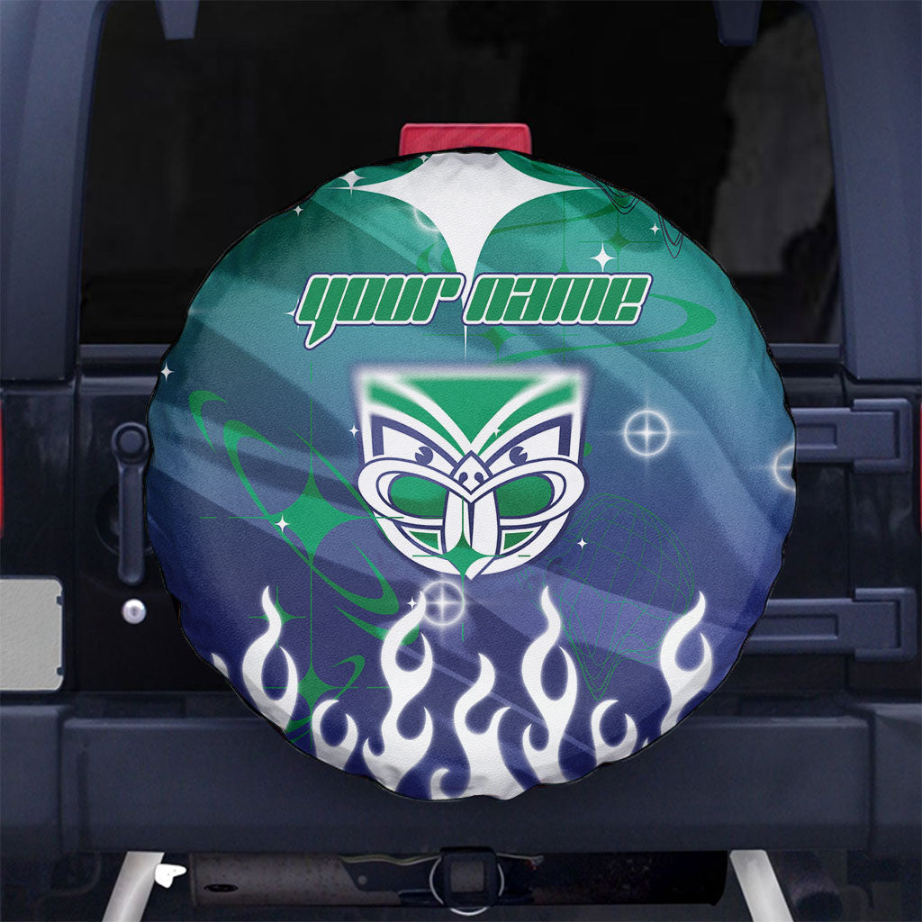 Personalized New Zealand Warriors Spare Tire Cover Y2K Grunge Aesthetic With Cyber Flames and Starburst Graphics