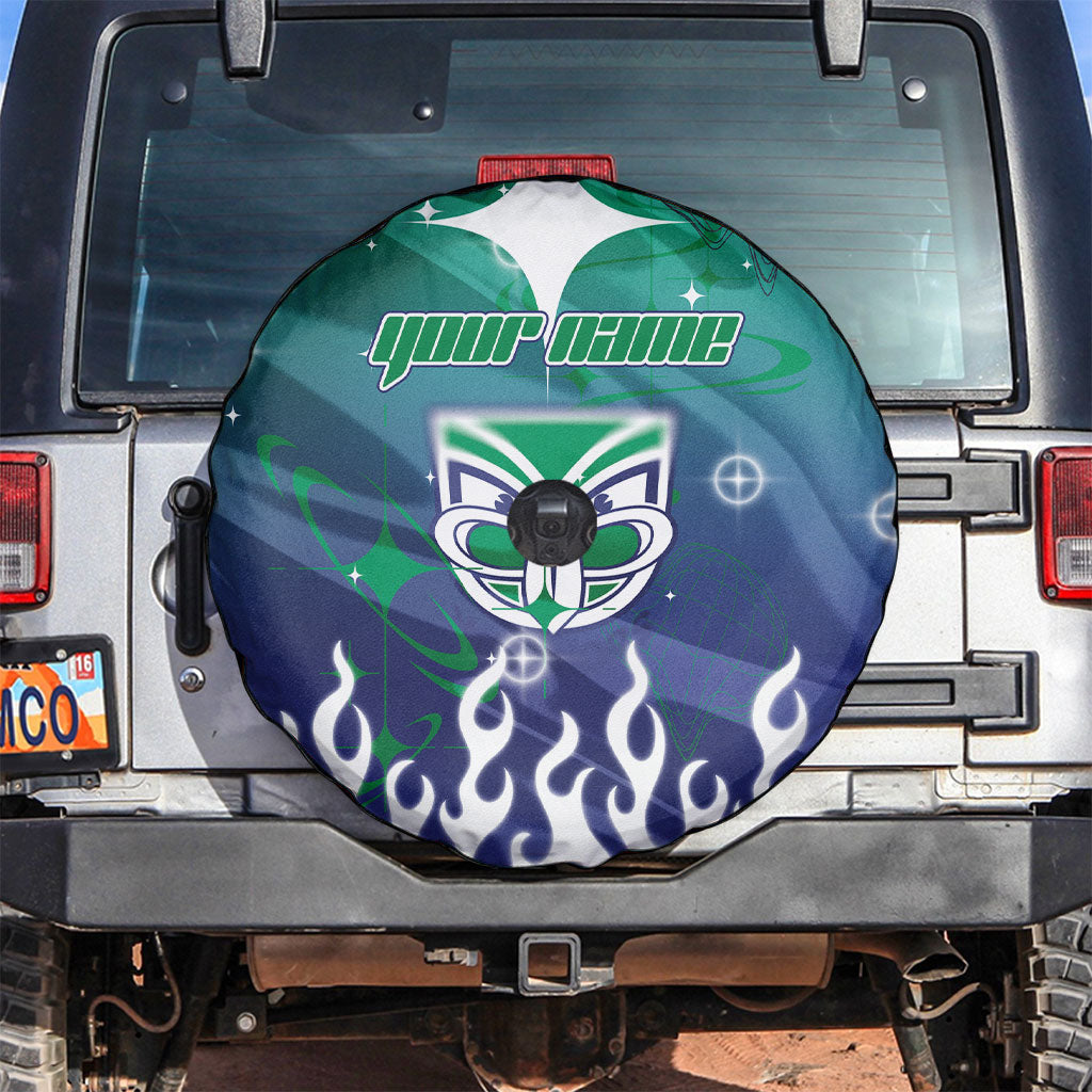 Personalized New Zealand Warriors Spare Tire Cover Y2K Grunge Aesthetic With Cyber Flames and Starburst Graphics
