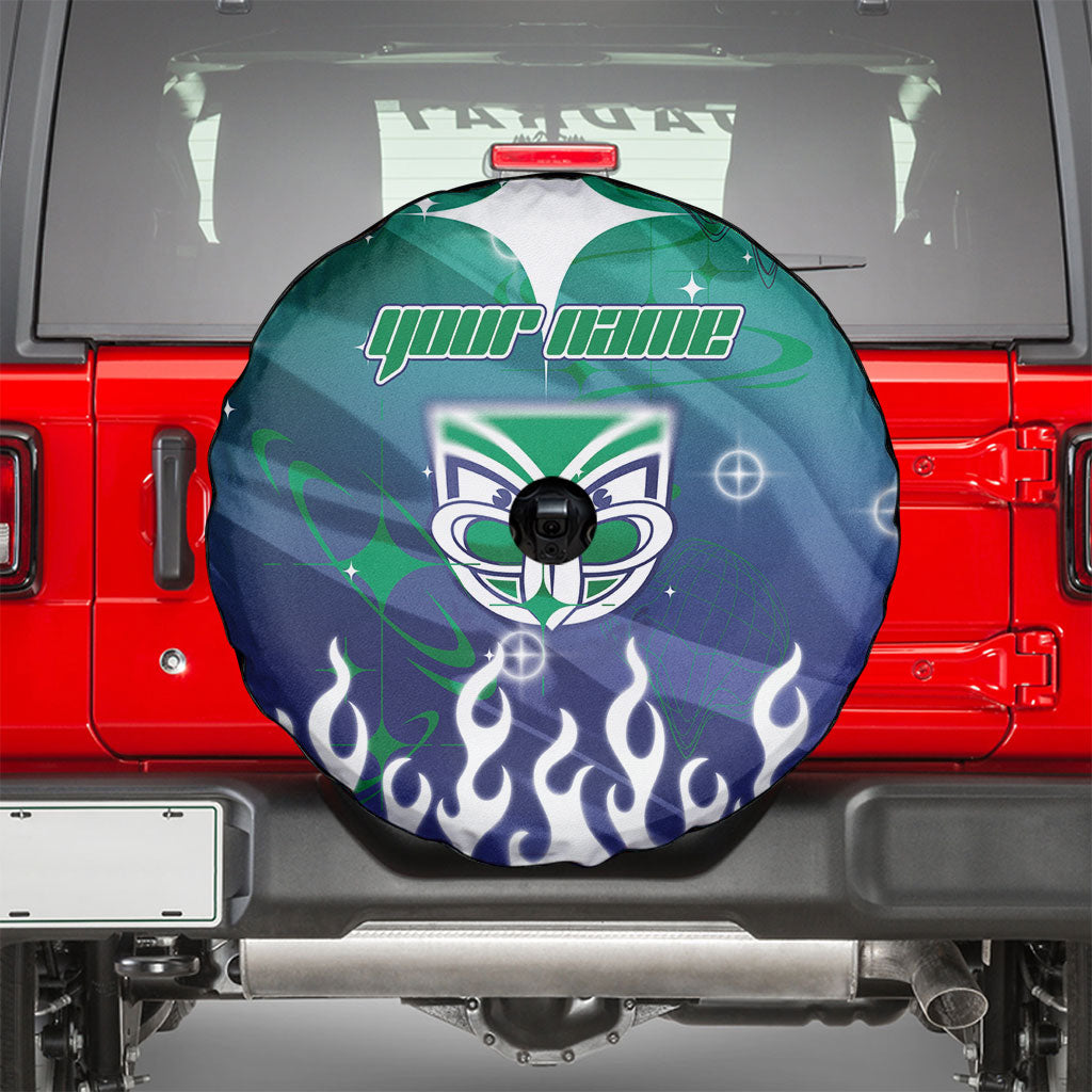 Personalized New Zealand Warriors Spare Tire Cover Y2K Grunge Aesthetic With Cyber Flames and Starburst Graphics